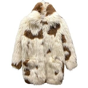 Zadig & Voltaire Women's XS Fred Tache Faux Fur Teddy Coat Ivory Brown Animal